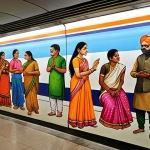 **

A vibrant and colorful artwork on a Delhi Metro station wall depicting scenes from daily life in India, reflecting the diversity of cultures and societal values. People from different backgrounds are interacting with the art, some are thoughtfully observing, others are discussing, highlighting the art's role as a mirror of society.

**