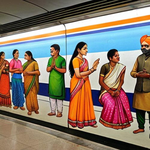 Home 15 **
A vibrant and colorful artwork on a Delhi Metro station wall depicting scenes from daily life in India, reflecting the diversity of cultures and societal values. People from different backgrounds are interacting with the art, some are thoughtfully observing, others are discussing, highlighting the art's role as a mirror of society.
**