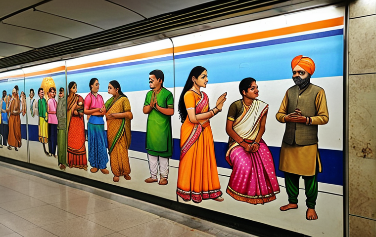 **

A vibrant and colorful artwork on a Delhi Metro station wall depicting scenes from daily life in India, reflecting the diversity of cultures and societal values. People from different backgrounds are interacting with the art, some are thoughtfully observing, others are discussing, highlighting the art's role as a mirror of society.

**