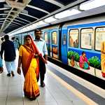 Traditional Art Meets Modern Transit**

"A vibrant and colorful painting depicting scenes from Indian history and culture adorning the walls of a bustling Delhi Metro station, fully clothed passengers walking by, safe for work, appropriate content, professional setting, perfect anatomy, natural proportions, professional photography, high quality."

**