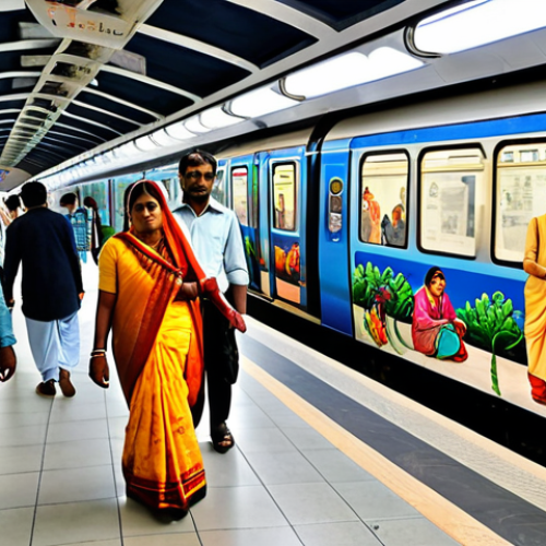 Home 7 Traditional Art Meets Modern Transit**
"A vibrant and colorful painting depicting scenes from Indian history and culture adorning the walls of a bustling Delhi Metro station, fully clothed passengers walking by, safe for work, appropriate content, professional setting, perfect anatomy, natural proportions, professional photography, high quality."
**