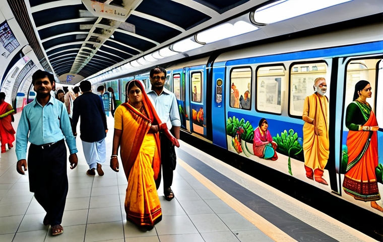 Traditional Art Meets Modern Transit**

"A vibrant and colorful painting depicting scenes from Indian history and culture adorning the walls of a bustling Delhi Metro station, fully clothed passengers walking by, safe for work, appropriate content, professional setting, perfect anatomy, natural proportions, professional photography, high quality."

**