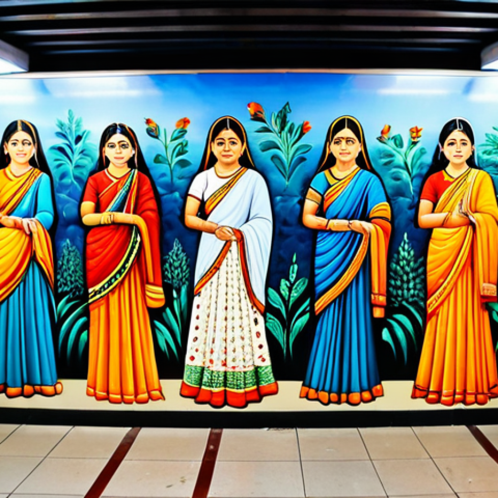 지하철 아트와 시민의식 - **
"A vibrant mural inside a Delhi Metro station, depicting local culture with bright colors and in...