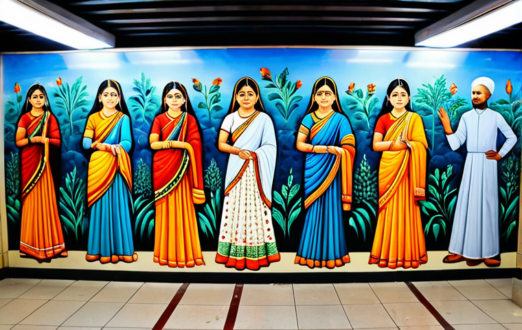 지하철 아트와 시민의식 - **
"A vibrant mural inside a Delhi Metro station, depicting local culture with bright colors and in...
