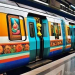 지하철 아트와 철도 역사 - A vibrant and bustling Delhi Metro station platform, adorned with expansive, colorful Indian folk ar...