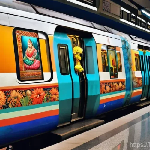 지하철 아트와 철도 역사 - A vibrant and bustling Delhi Metro station platform, adorned with expansive, colorful Indian folk ar...