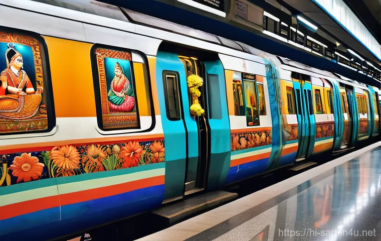 지하철 아트와 철도 역사 - A vibrant and bustling Delhi Metro station platform, adorned with expansive, colorful Indian folk ar...