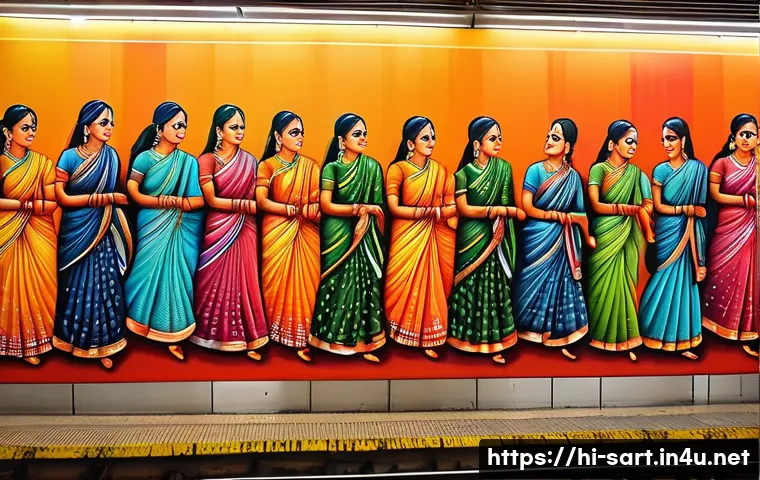 지하철 아트와 컬러 테라피 - **Vibrant Cultural Journey in a Modern Metro Station**
A bustling, well-lit modern metro station...