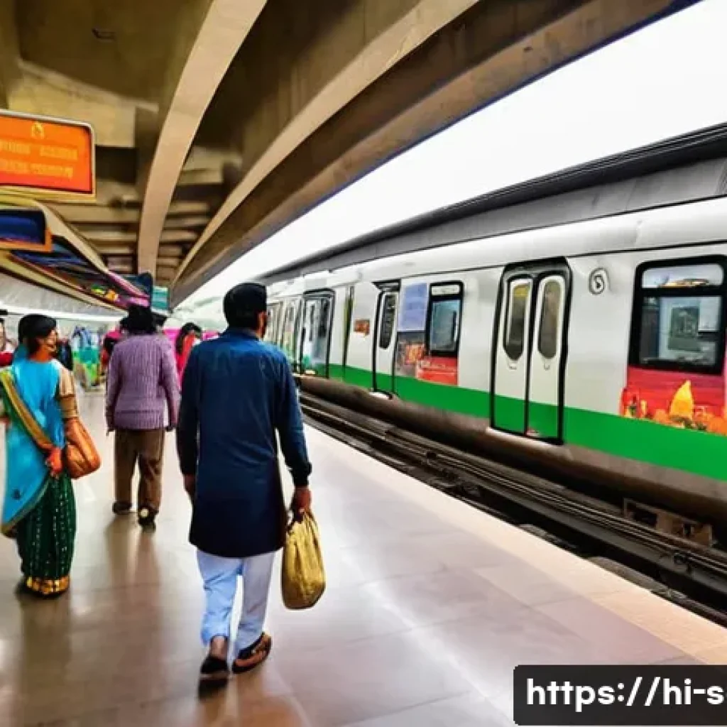 지하철 아트 작품 기획 - **Vibrant Delhi Metro Station Art**
"A wide-angle shot of a bustling Delhi metro station, remini...