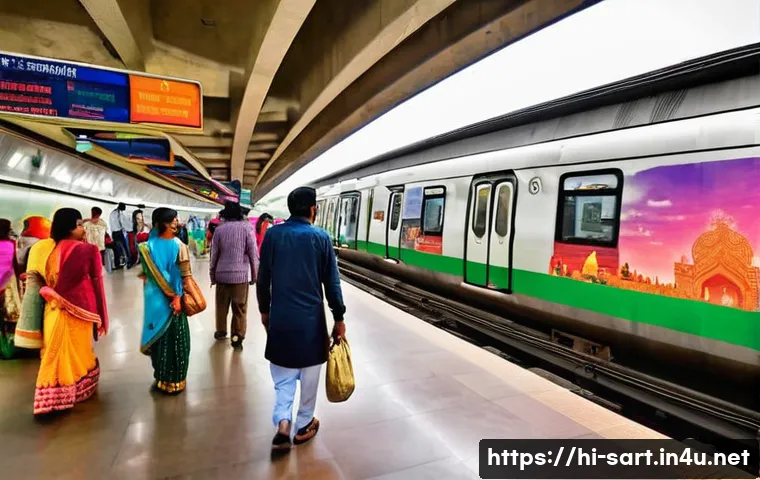 지하철 아트 작품 기획 - **Vibrant Delhi Metro Station Art**
"A wide-angle shot of a bustling Delhi metro station, remini...