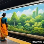 지하철 아트와 대중 교통 - A bustling, modern metro station platform in an Indian city. Sunlight filters in from above, softly ...