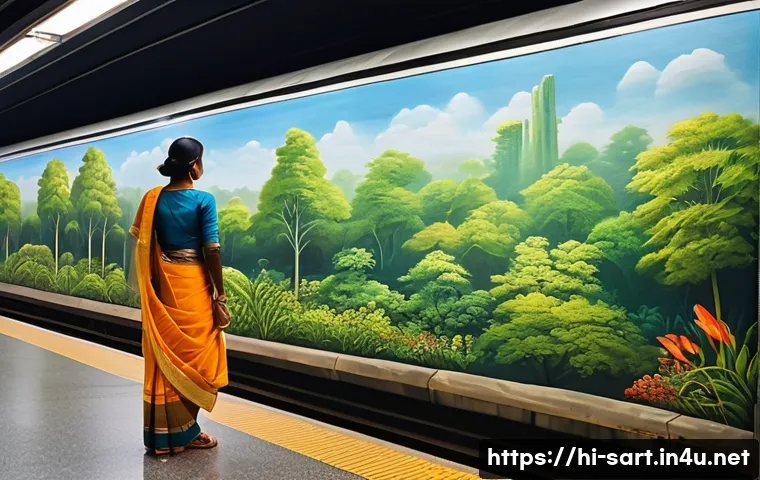 지하철 아트와 대중 교통 - A bustling, modern metro station platform in an Indian city. Sunlight filters in from above, softly ...