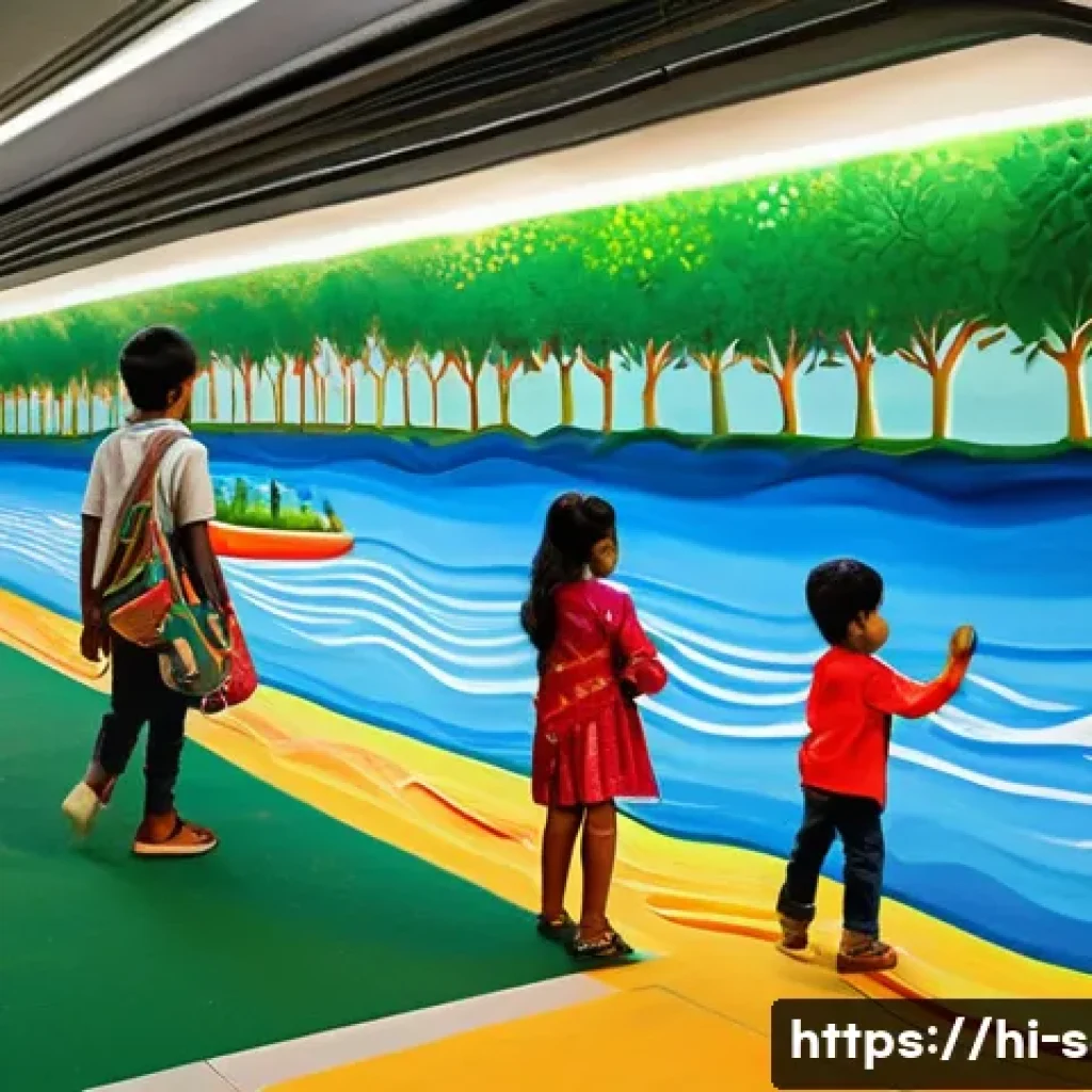 지하철 아트와 아이들의 반응 - A vibrant metro station wall mural featuring colorful and lively paintings that depict children joyf...
