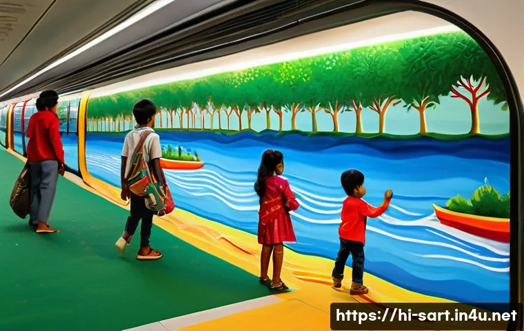 지하철 아트와 아이들의 반응 - A vibrant metro station wall mural featuring colorful and lively paintings that depict children joyf...