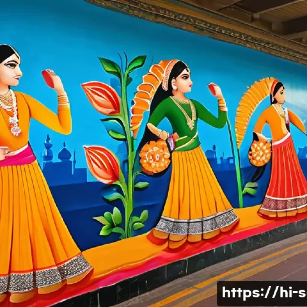 지하철 아트와 시민 참여 - A vibrant metro station wall mural in an Indian city, showcasing rich colors and intricate designs t...