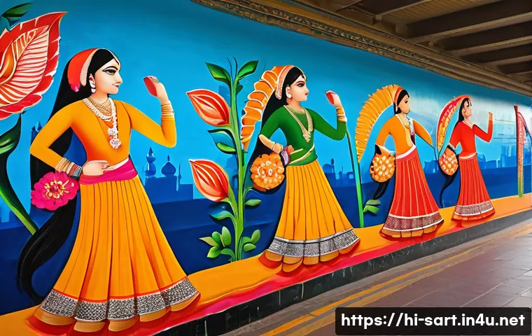 지하철 아트와 시민 참여 - A vibrant metro station wall mural in an Indian city, showcasing rich colors and intricate designs t...
