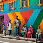Home 22 지하철 아트와 거리 미술 - A vibrant urban street scene featuring a diverse community collaboratively painting a large mural on...
