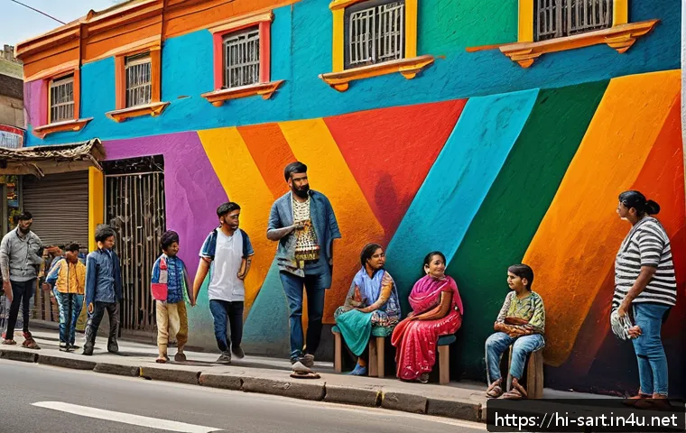 지하철 아트와 거리 미술 - A vibrant urban street scene featuring a diverse community collaboratively painting a large mural on...
