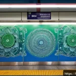 Home 21 지하철 아트와 디지털 미디어 - A bustling metro station platform in India adorned with large, high-resolution digital panels displa...