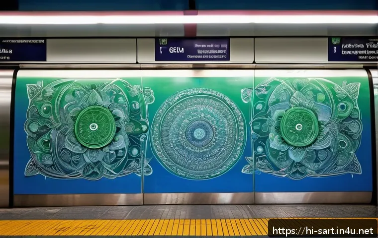 지하철 아트와 디지털 미디어 - A bustling metro station platform in India adorned with large, high-resolution digital panels displa...