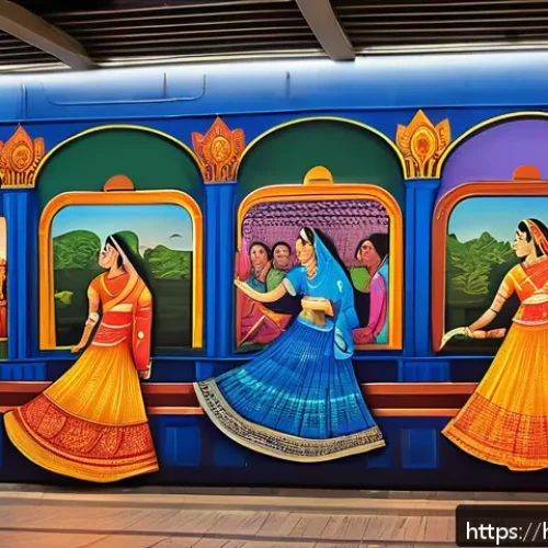 Home 32 지하철 아트와 동시대 미술 - A vibrant metro station wall mural in India showcasing a fusion of traditional and modern art styles...