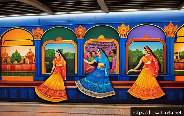 지하철 아트와 동시대 미술 - A vibrant metro station wall mural in India showcasing a fusion of traditional and modern art styles...