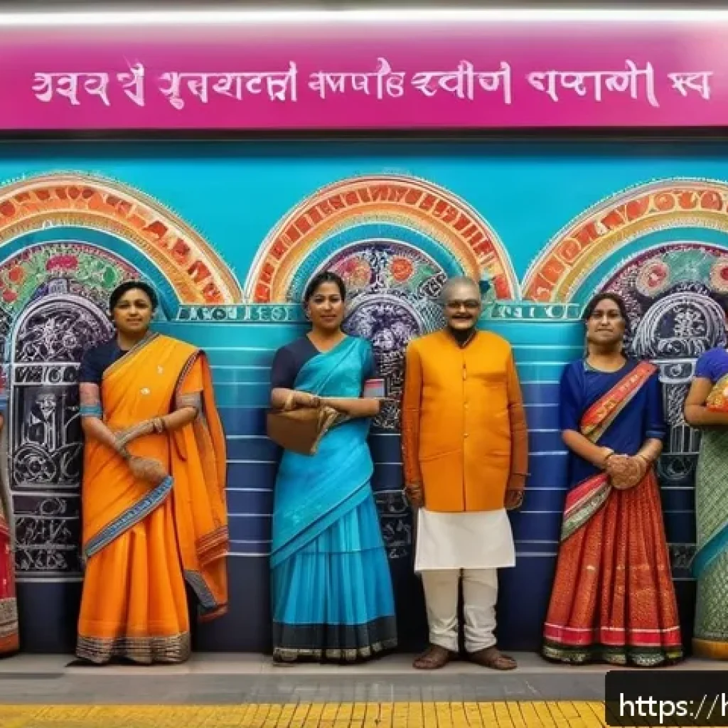 지하철 아트 작품의 사회적 메시지 - A vibrant metro station wall mural showcasing the cultural diversity of an Indian city, featuring co...
