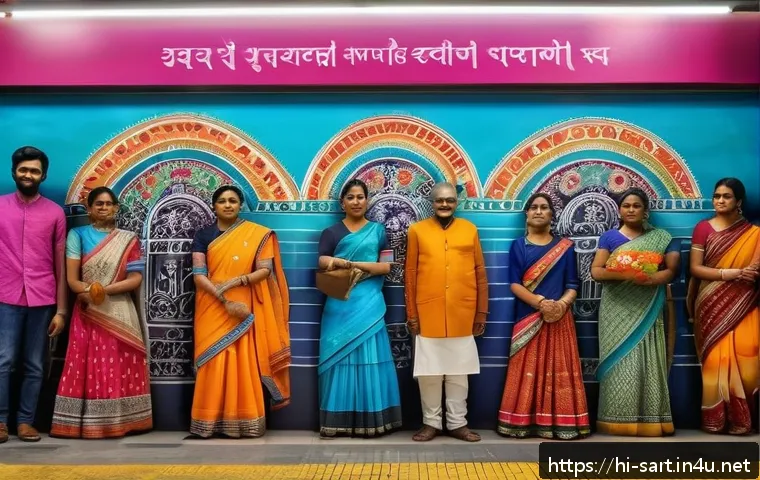 지하철 아트 작품의 사회적 메시지 - A vibrant metro station wall mural showcasing the cultural diversity of an Indian city, featuring co...