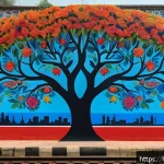 Home 18 지하철 아트의 유산 - A vibrant Delhi metro wall mural depicting a fusion of traditional and modern art, featuring colorfu...
