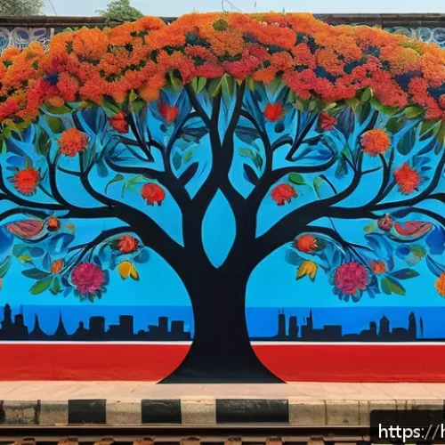 Home 30 지하철 아트의 유산 - A vibrant Delhi metro wall mural depicting a fusion of traditional and modern art, featuring colorfu...