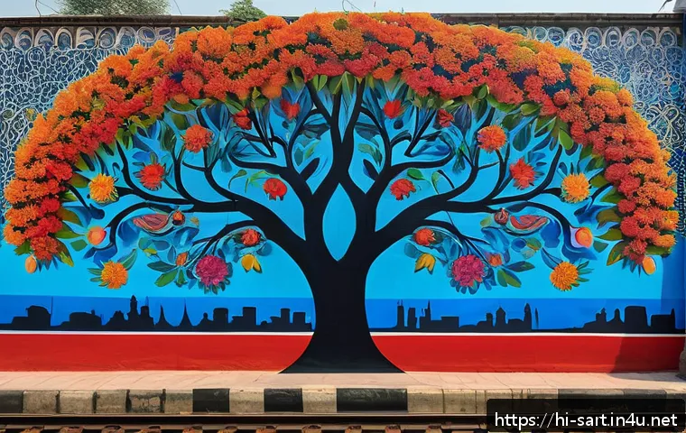 지하철 아트의 유산 - A vibrant Delhi metro wall mural depicting a fusion of traditional and modern art, featuring colorfu...