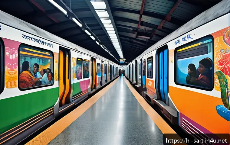 지하철 아트 커뮤니티 - A vibrant metro station in India decorated with colorful murals and sculptures reflecting local Hind...