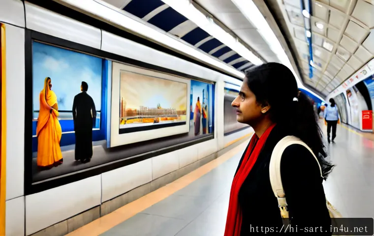 Home 17 지하철 미술 관람 팁 - Photorealistic modern metro station gallery corridor in an Indian city, a middle-aged Indian woman c...