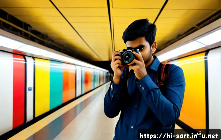 Home 17 지하철 아트 작품 촬영 팁 - Photorealistic modern subway station with a large colorful abstract wall mural, a young Indian photo...
